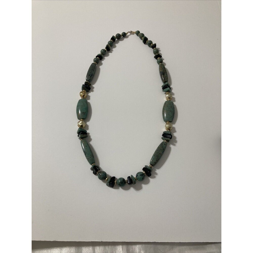 Green Black Gold Round Oval Faux Stone Long Beaded String Bohemian Necklace